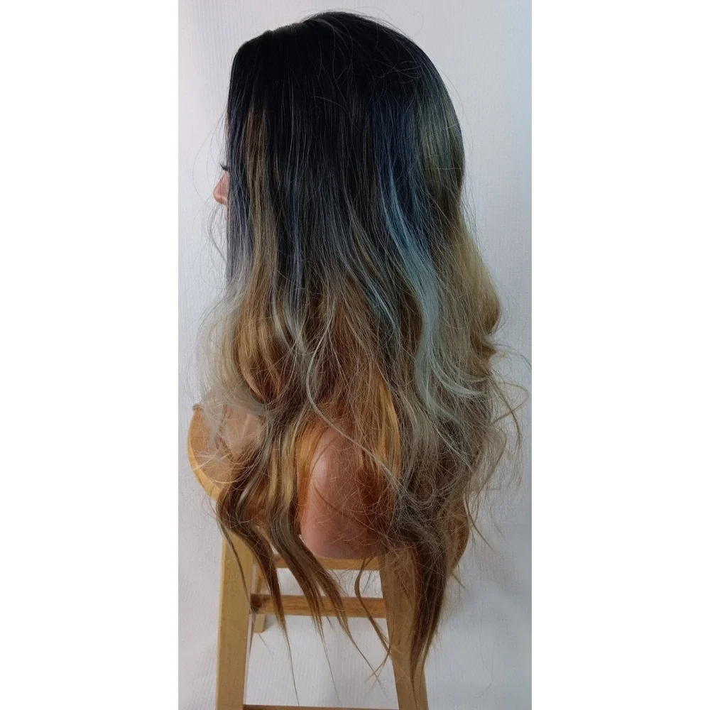 Women's Wavy synthetic layered Ombre Light Copper Brown middle part hair wig 25